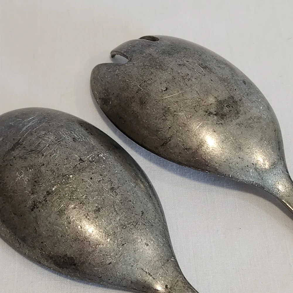 VTG TH Marthinsen Norway Salad Servers Spoon Spork Pewter Norwegian Leaf Design‎